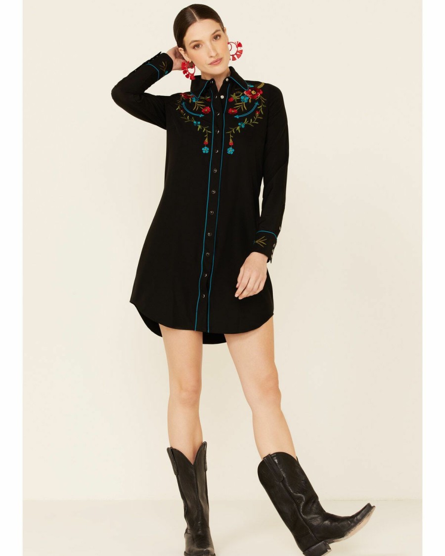 Clothing * | Roper Women'S Black Long Sleeve Floral Embroidered Snap Shirt Dress Discount