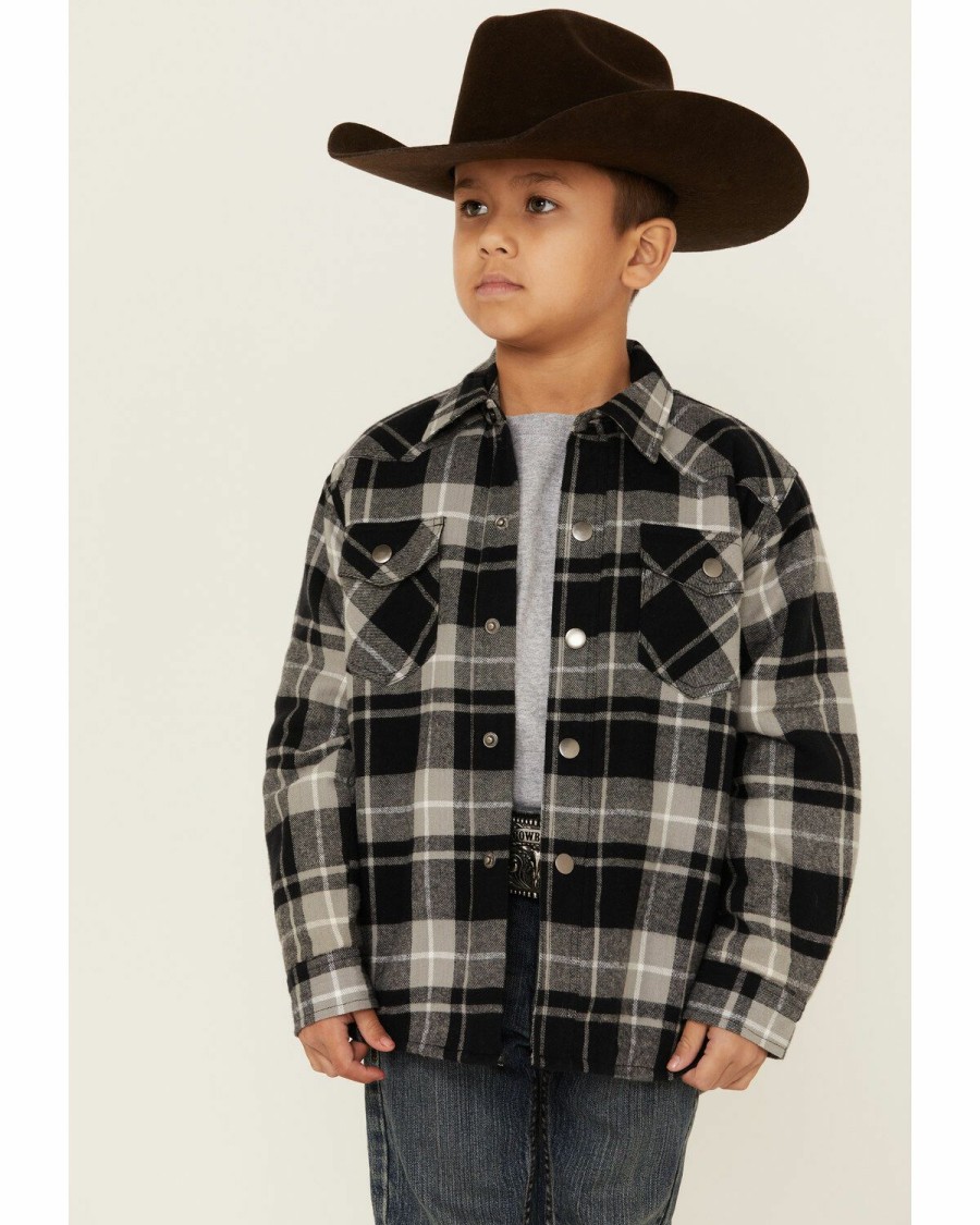 Clothing * | Roper Boys' Black & Grey Plaid Long Sleeve Snap Western Flannel Shirt Outlet