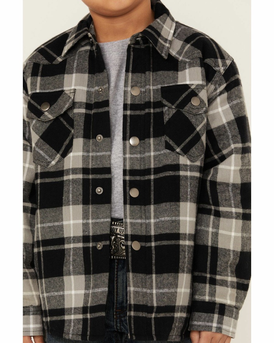 Clothing * | Roper Boys' Black & Grey Plaid Long Sleeve Snap Western Flannel Shirt Outlet