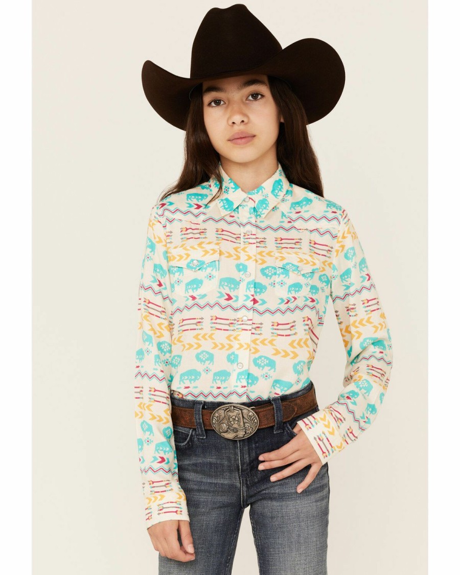 Clothing * | Roper Girls' Buffalo Southwestern Print Long Sleeve Western Snap Shirt Discount