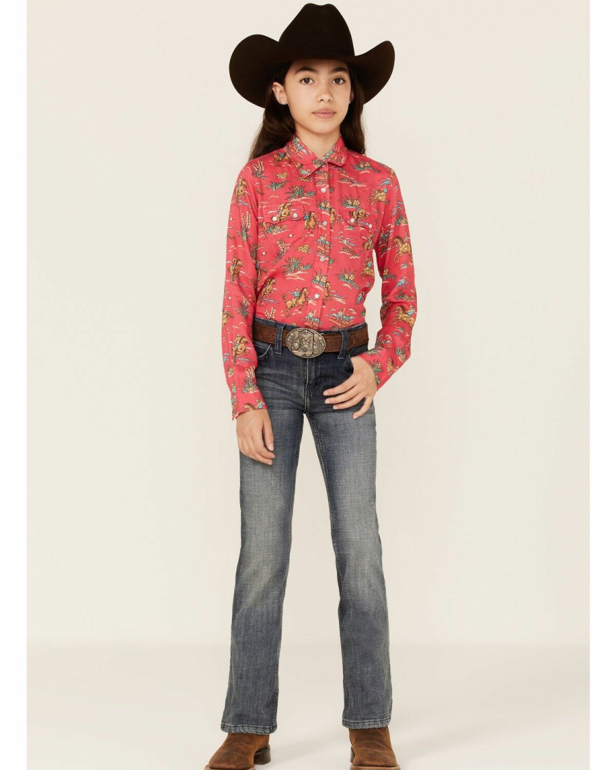 Clothing * | Roper Girls' Five Star Floral Horse Print Long Sleeve Western Snap Shirt Limited Edition