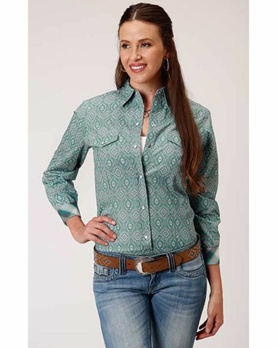 Clothing * | Roper Women'S Jade Quarry Medallion Paisley Print Long Sleeve Snap Western Core Shirt Plus Outlet