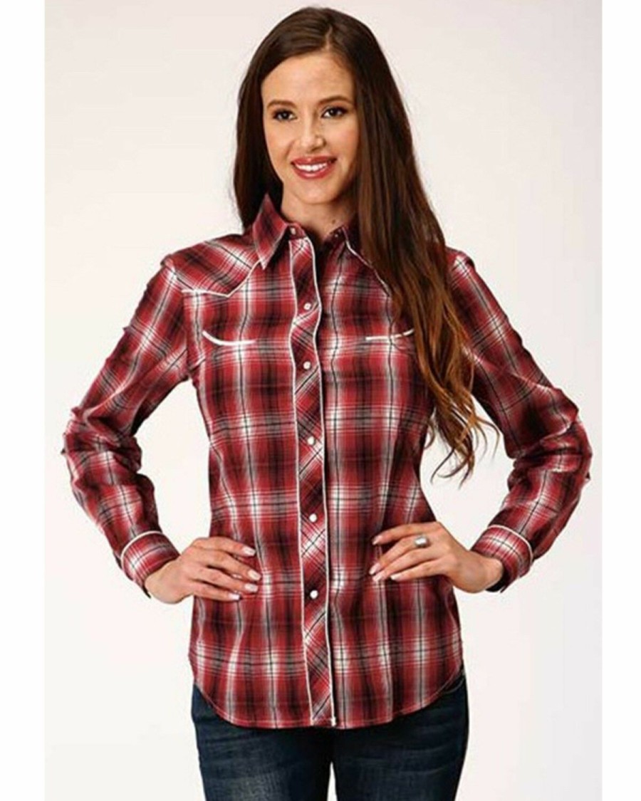 Clothing * | Roper Women'S Plaid Print Contrast Piping Long Sleeve Western Snap Shirt Plus Outlet