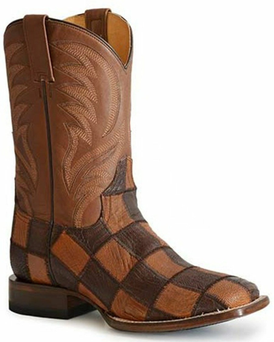 Western Boots * | Roper Men'S Ostrich Check Patchwork Exotic Western Boots Square Toe Sale