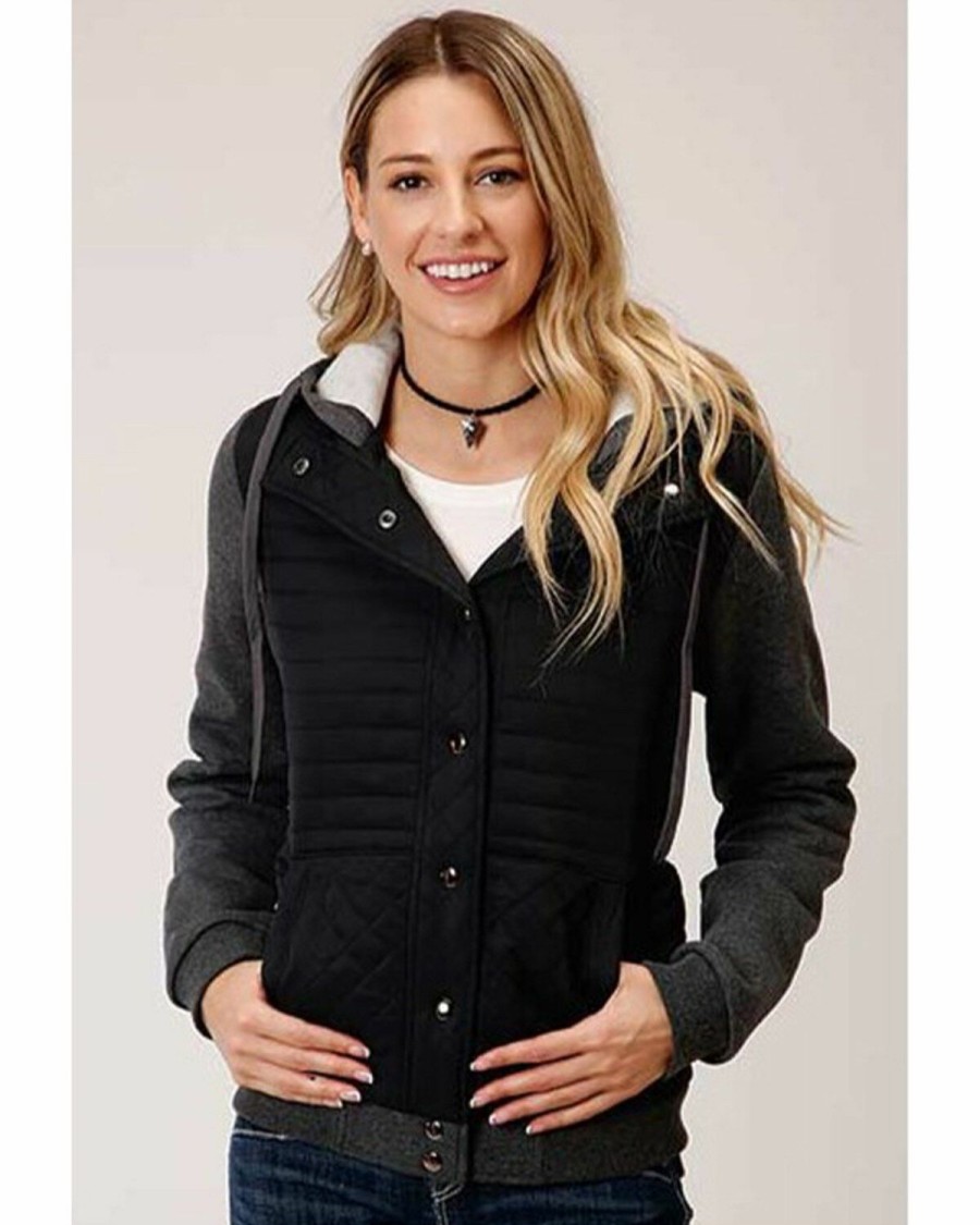 Clothing * | Roper Women'S Charcoal Quilted Drawstring Hoodie Jacket Outlet