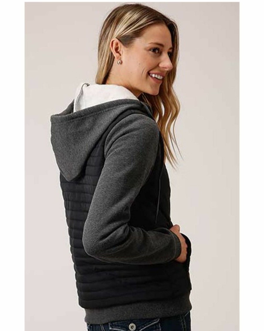 Clothing * | Roper Women'S Charcoal Quilted Drawstring Hoodie Jacket Outlet