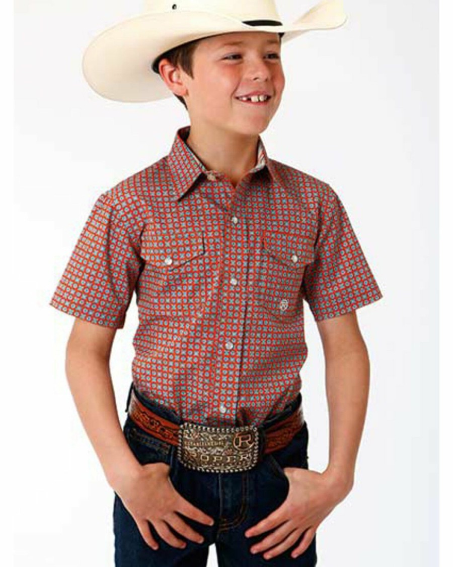 Western Shirt * | Amarillo Boys' Clay Foulard Geo Print Short Sleeve Western Shirt Roper Online