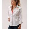 Clothing * | Roper Women'S White Denim Cactus Embroidered Long Sleeve Snap Western Core Shirt Online