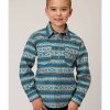 Clothing * | Roper Boys' Southwestern Print Teal Snap Shirt Limited Edition