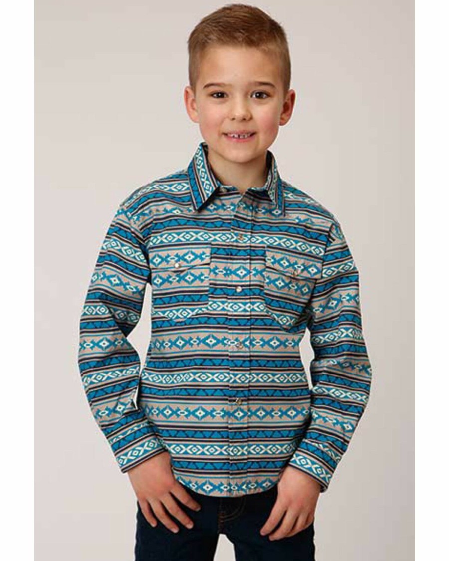 Clothing * | Roper Boys' Southwestern Print Teal Snap Shirt Limited Edition