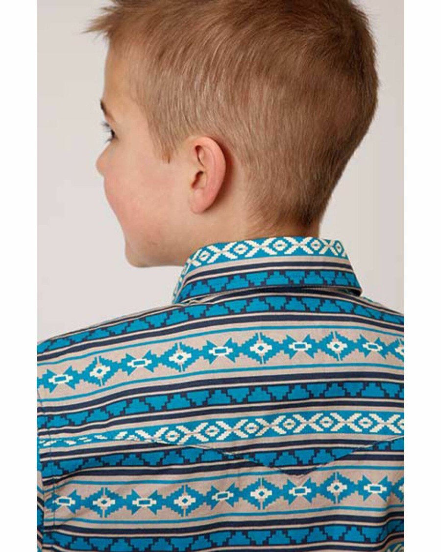 Clothing * | Roper Boys' Southwestern Print Teal Snap Shirt Limited Edition