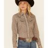 Clothing * | Roper Women'S Brown & Cream Floral Print Long Sleeve Snap Western Core Shirt Discount