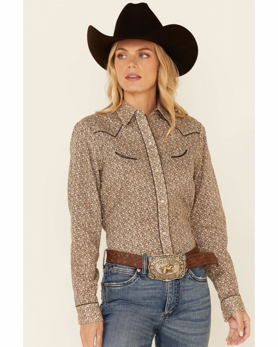 Clothing * | Roper Women'S Brown & Cream Floral Print Long Sleeve Snap Western Core Shirt Discount