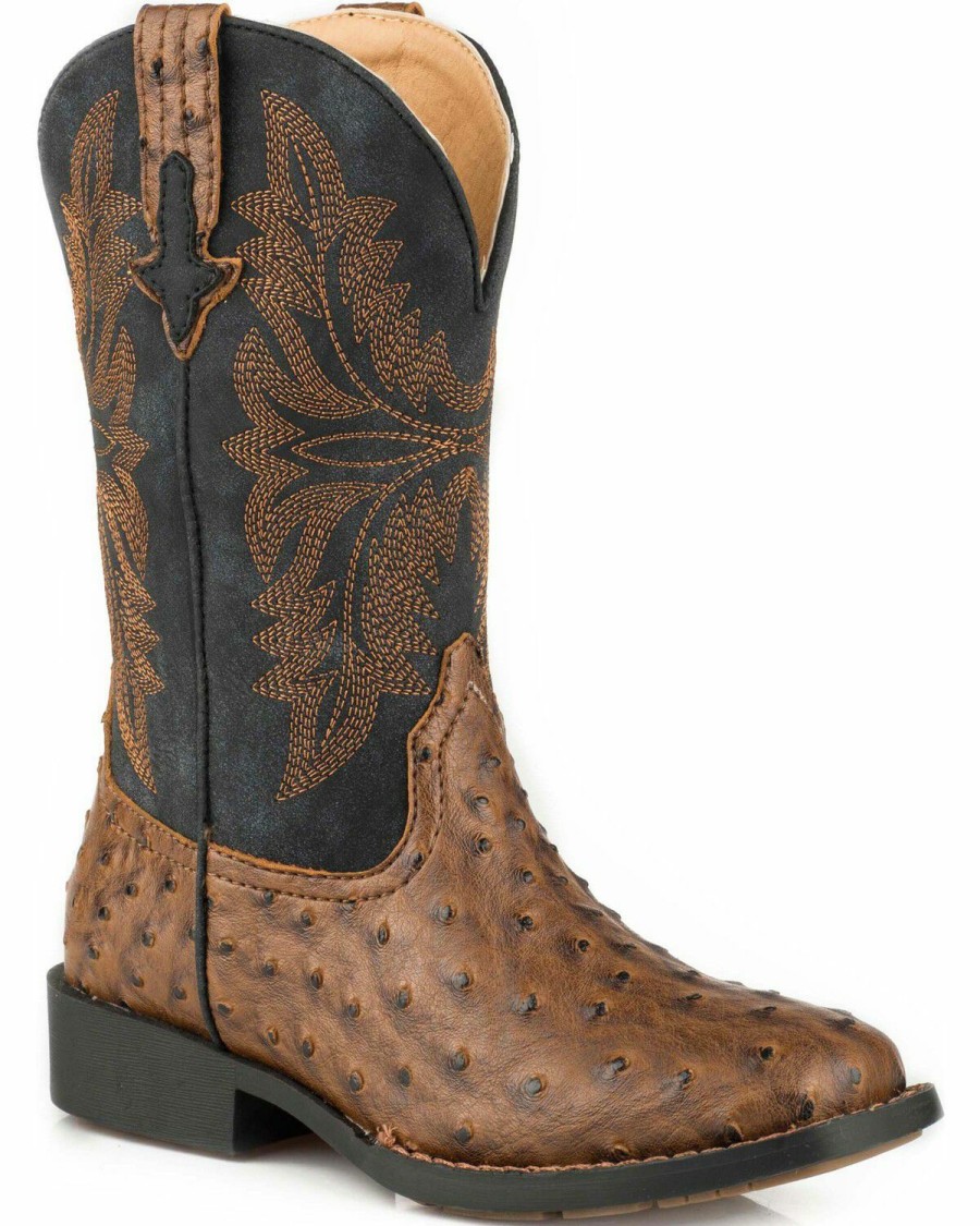 Boots * | Roper Boys' Jed Faux Brown Ostrich Cowboy Boots Square Toe Discount