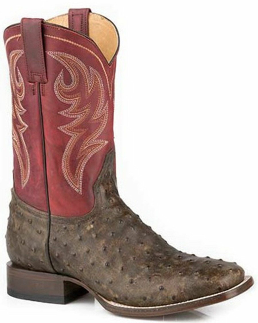 Western Boots * | Roper Men'S Tan Diesel Ranch Exotic Ostrich Leather Western Boots Wide Square Toe Sale