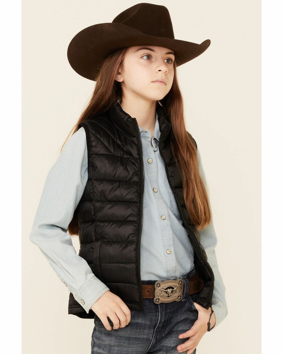 Clothing * | Roper Girls' Solid Black Parachute Poly-Fill Zip-Front Vest Sale