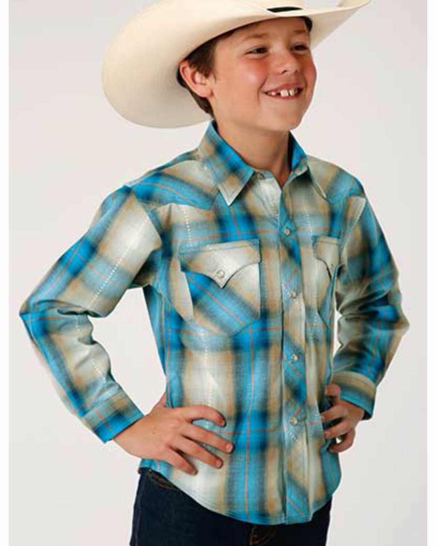 Western Shirt * | West Made Boys' Tide Pool Dobby Plaid Long Sleeve Western Shirt Roper Discount