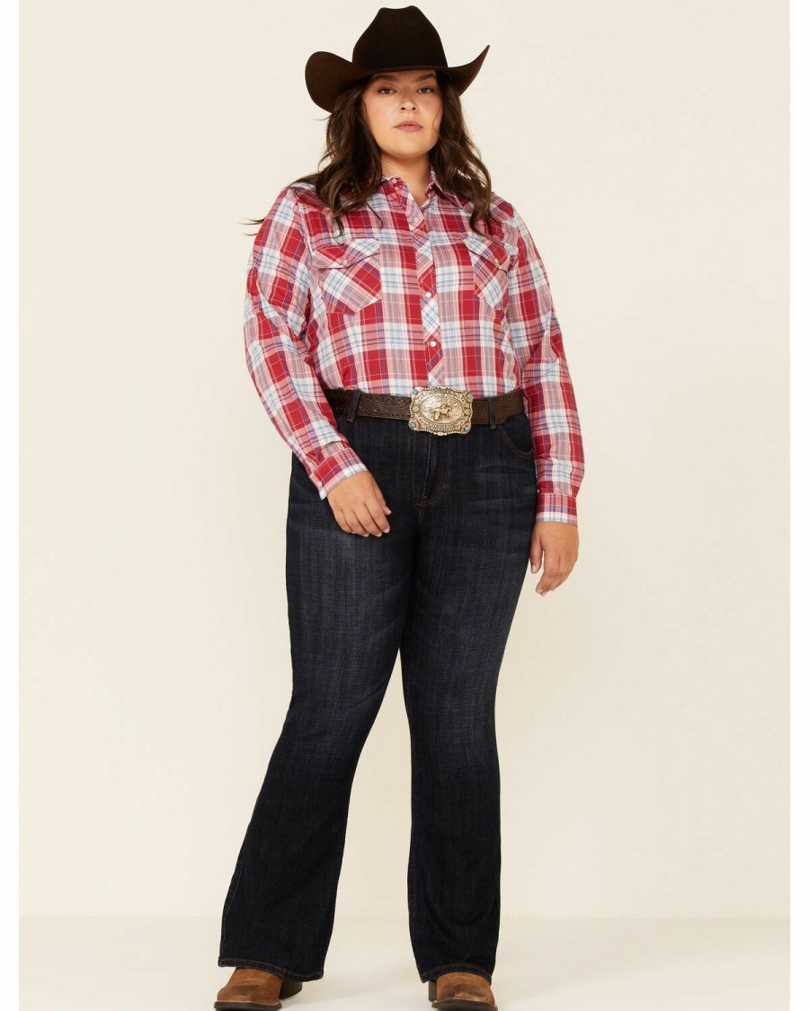 Clothing * | Roper Women'S Red Plaid Long Sleeve Snap Western Core Shirt Plus Sale