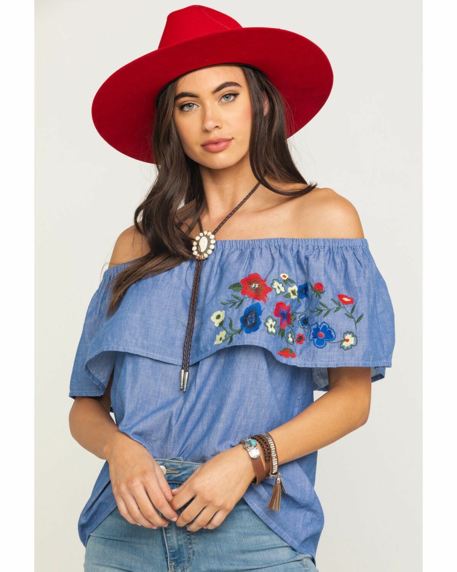 Clothing * | Five Star Women'S Floral Embroidered Off Shoulder Short Sleeve Top Roper Outlet