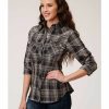 Clothing * | Roper Women'S Long Sleeve Black & Cream Plaid Snap Shirt Online