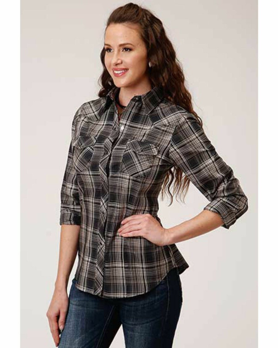 Clothing * | Roper Women'S Long Sleeve Black & Cream Plaid Snap Shirt Online