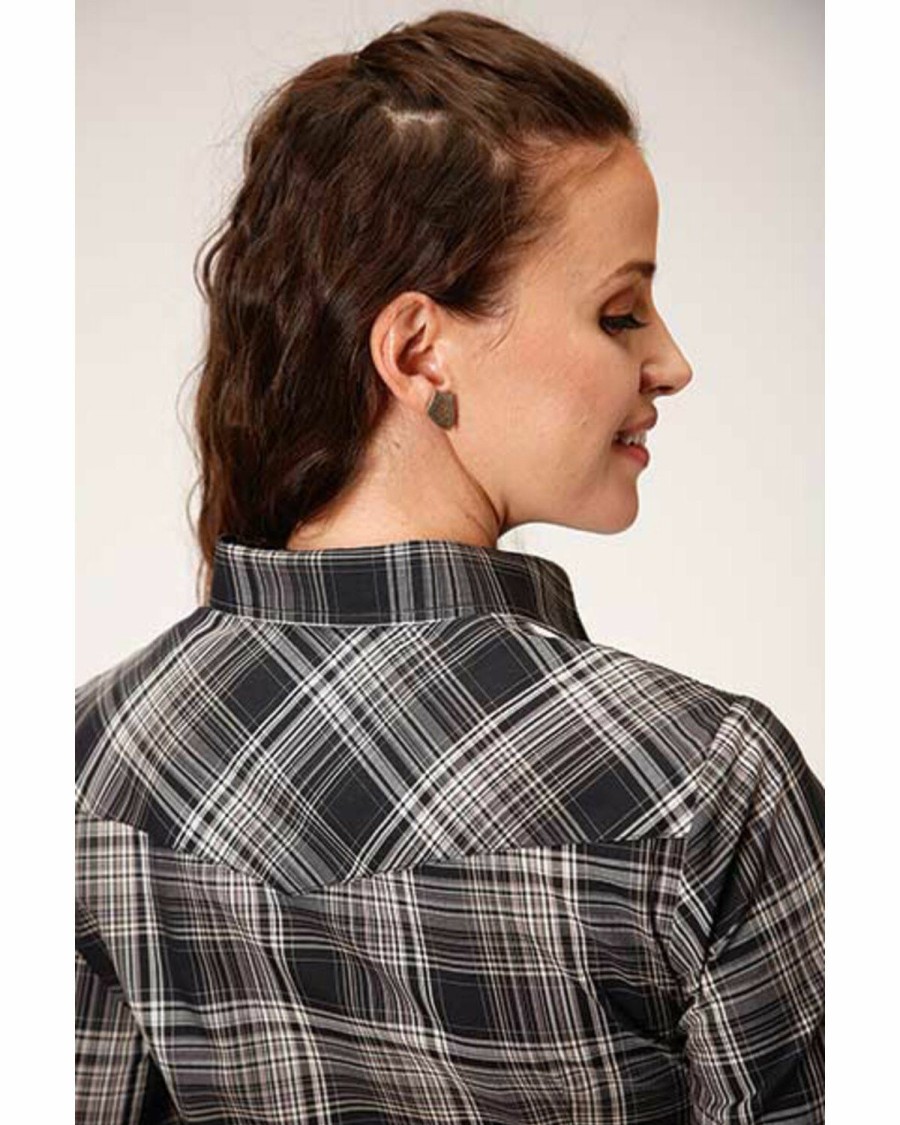 Clothing * | Roper Women'S Long Sleeve Black & Cream Plaid Snap Shirt Online