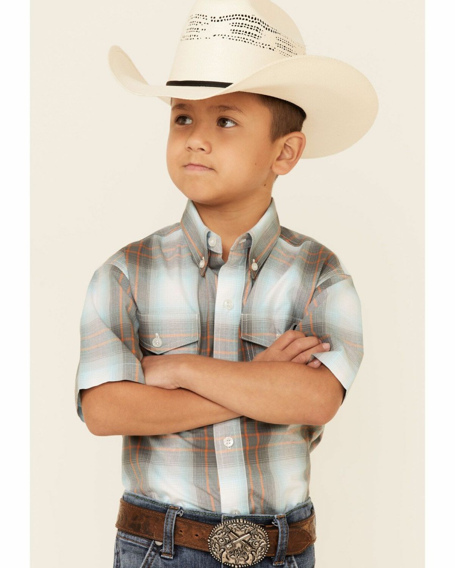 Western Shirt * | Amarillo Boys' Copper Ridge Dawn Ombre Plaid Short Sleeve Snap Western Shirt Roper Discount