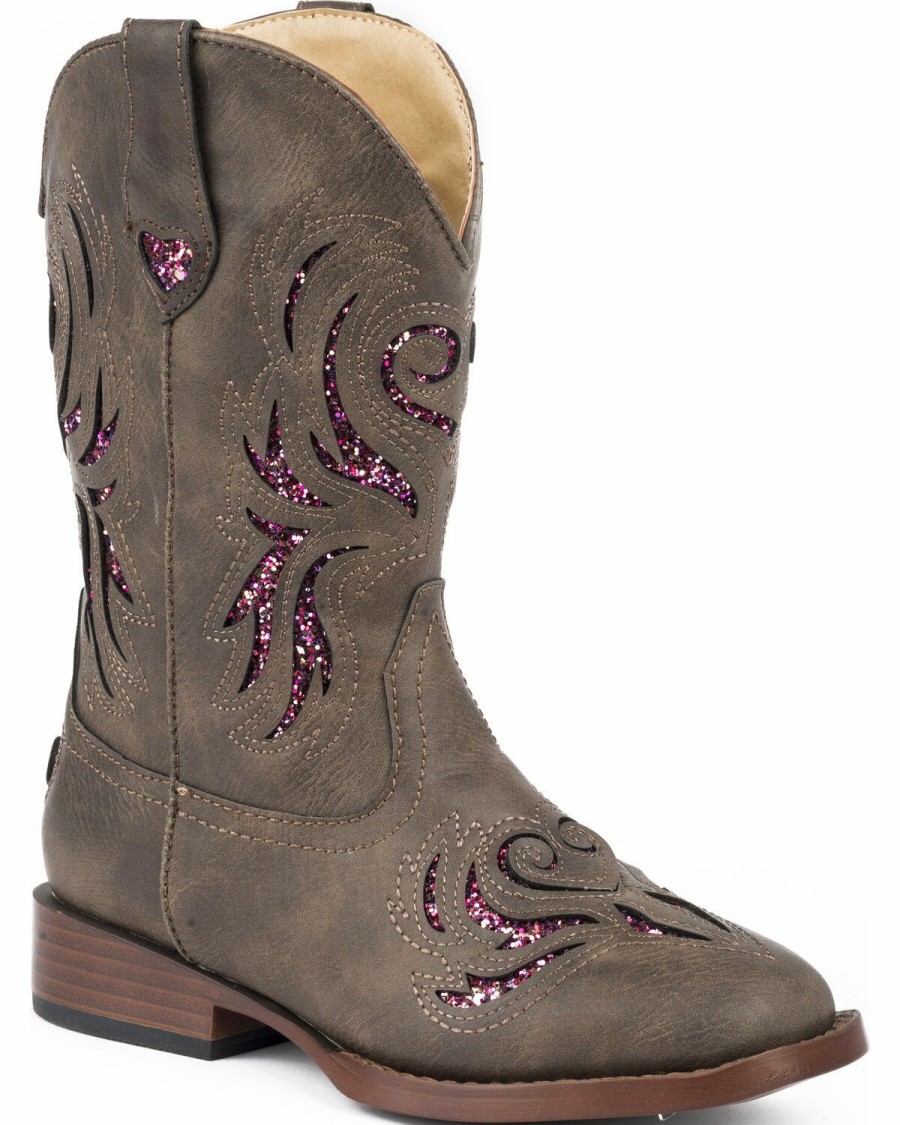 Boots * | Roper Girls' Brown & Pink Glitter Breeze Cowgirl Boots Square Toe Limited Edition