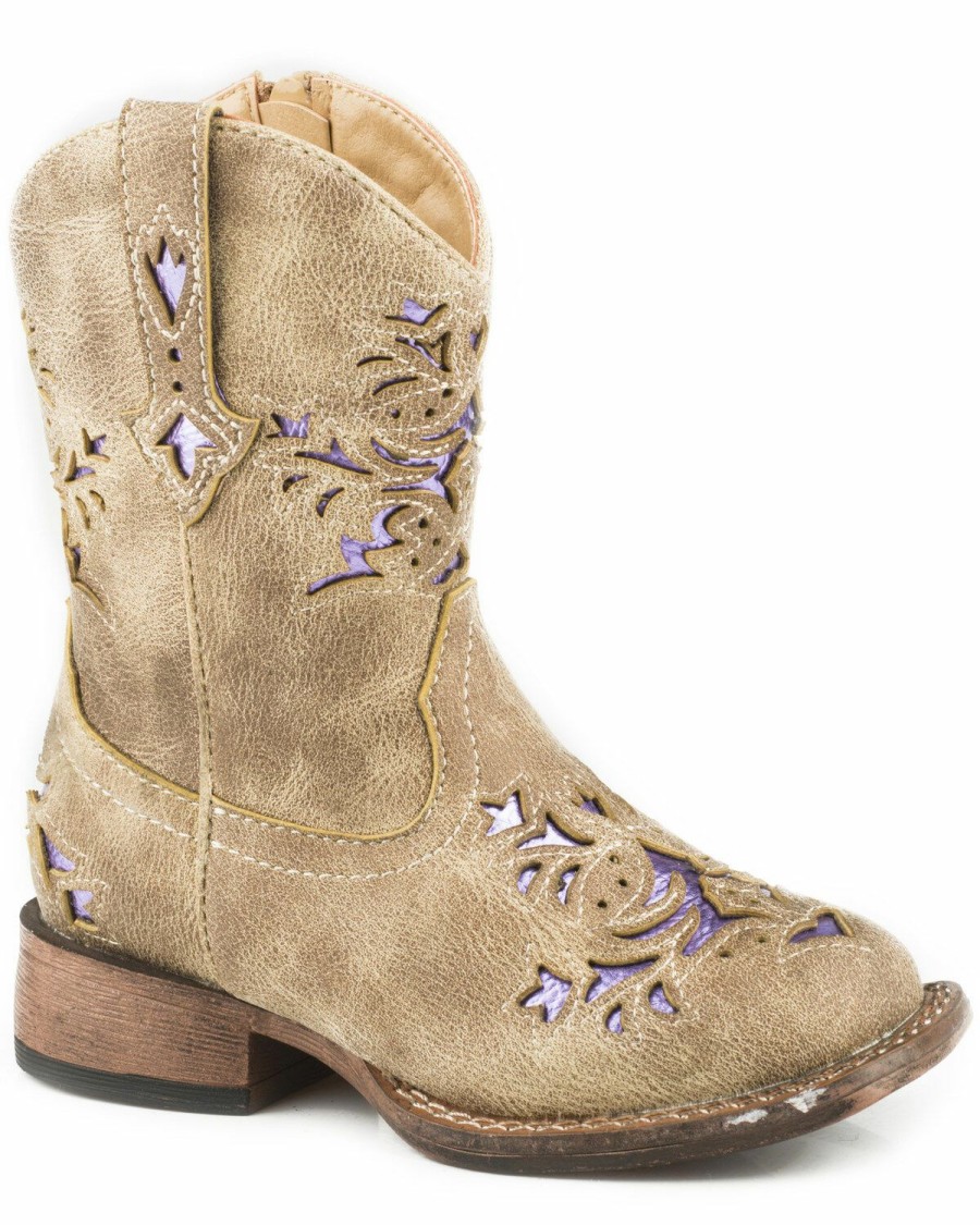 Boots * | Roper Toddler Girls' Lola Tan Metallic Underlay Cowgirl Boots Square Toe Outlet