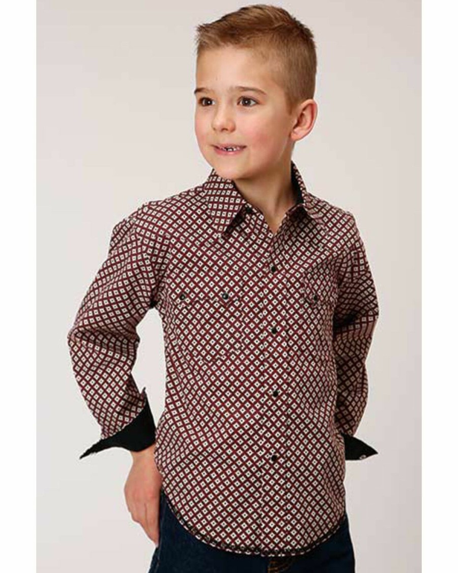 Clothing * | Roper Boys' Diamond Print Snap Long Sleeve Wine Shirt Discount