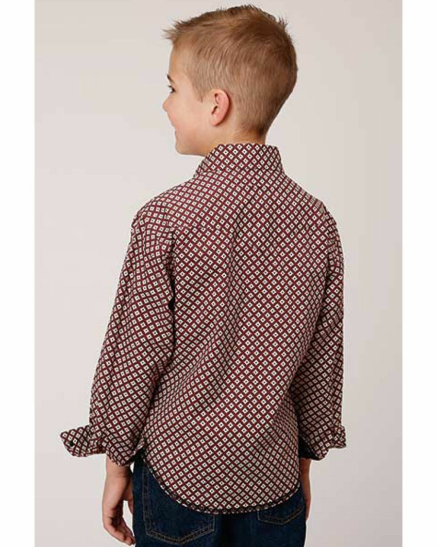 Clothing * | Roper Boys' Diamond Print Snap Long Sleeve Wine Shirt Discount