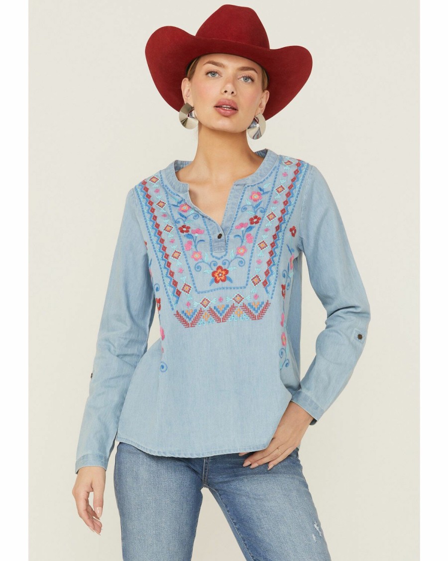 Clothing * | Roper Women'S Embroidered Front Southwestern Denim Pullover Shirt Outlet