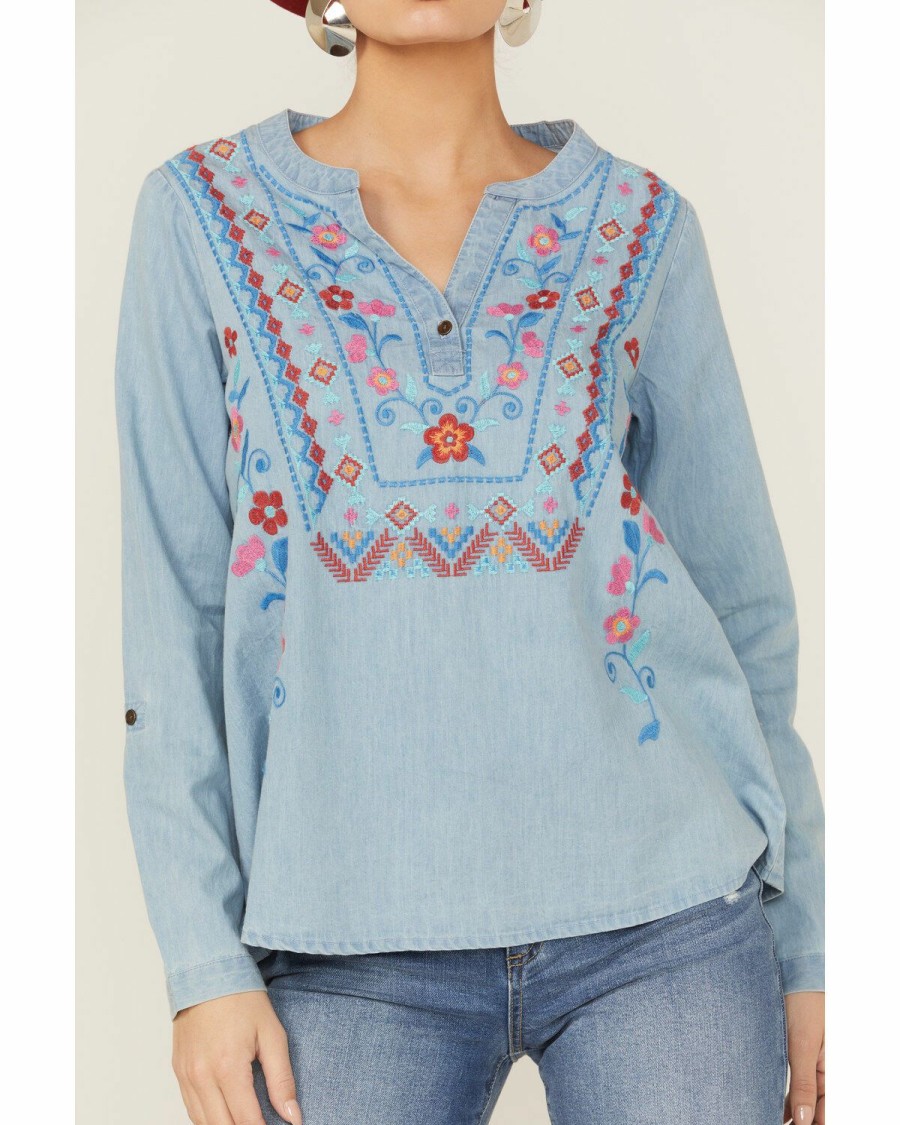 Clothing * | Roper Women'S Embroidered Front Southwestern Denim Pullover Shirt Outlet