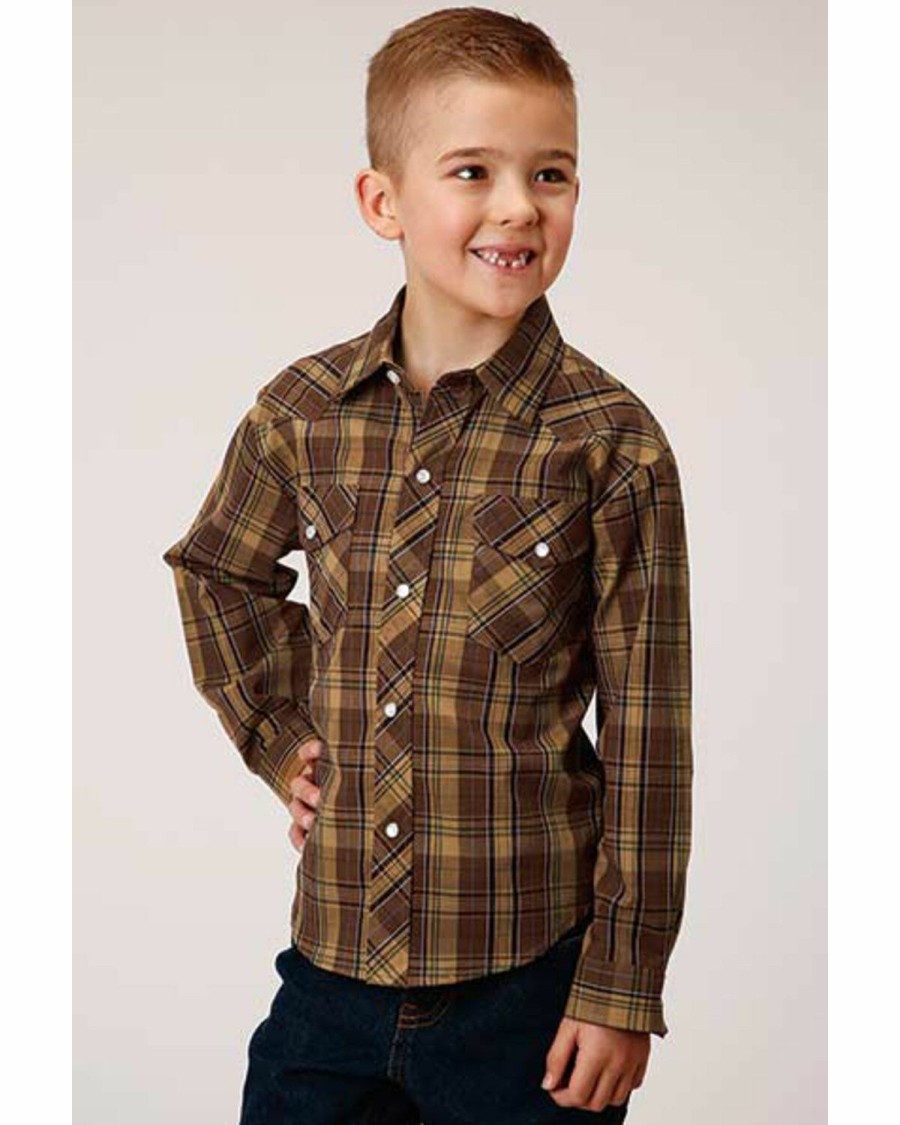 Clothing * | Roper Boys' Plaid Brown Western Snap Long Sleeve Shirt Discount