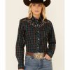 Clothing * | Roper Women'S Brown & Teal Plaid Star Embroidered Long Sleeve Snap Western Core Shirt Online