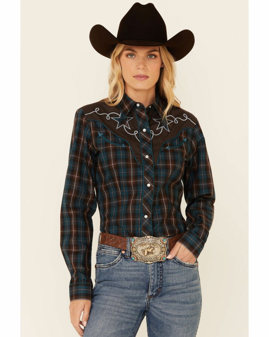 Clothing * | Roper Women'S Brown & Teal Plaid Star Embroidered Long Sleeve Snap Western Core Shirt Online