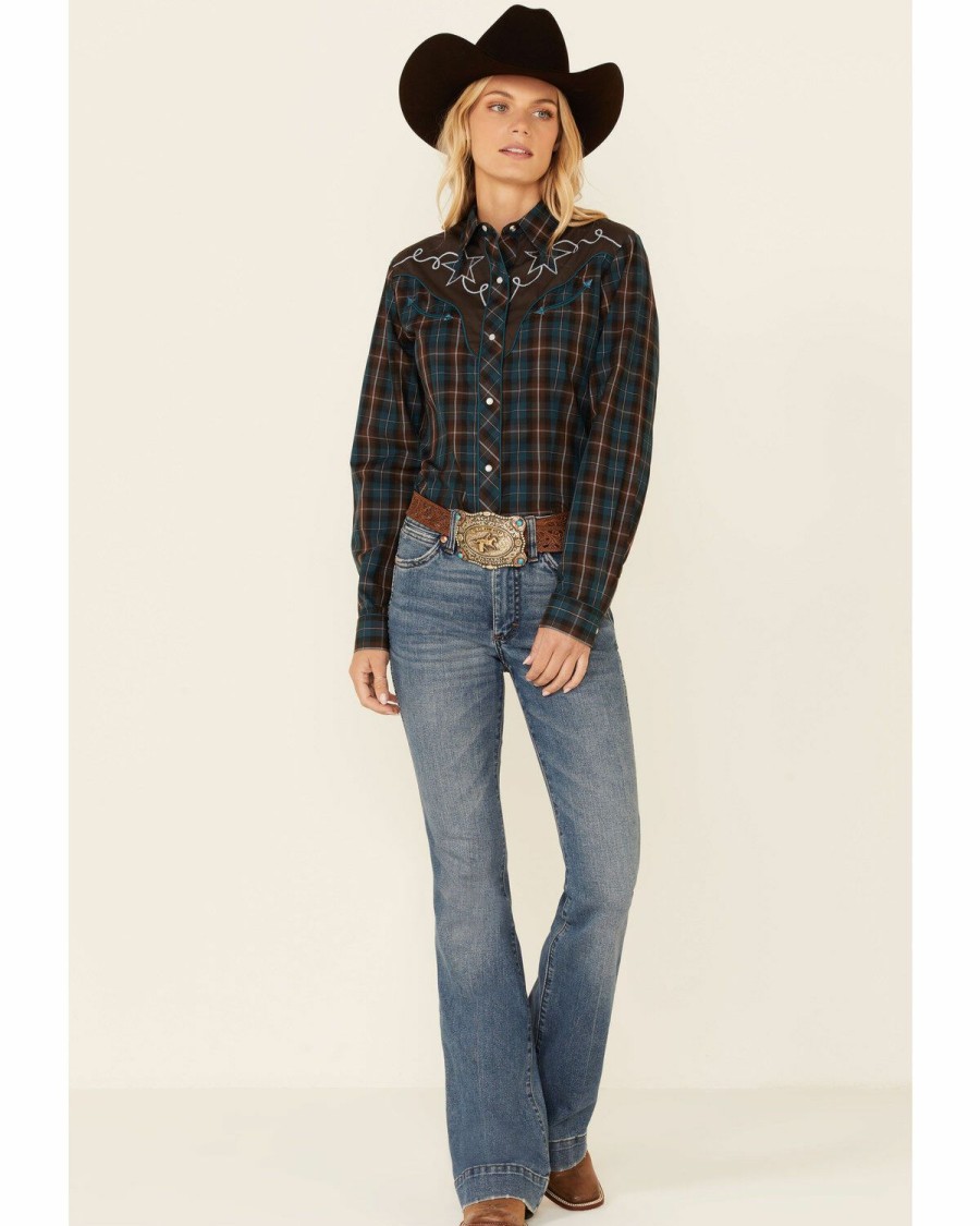 Clothing * | Roper Women'S Brown & Teal Plaid Star Embroidered Long Sleeve Snap Western Core Shirt Online