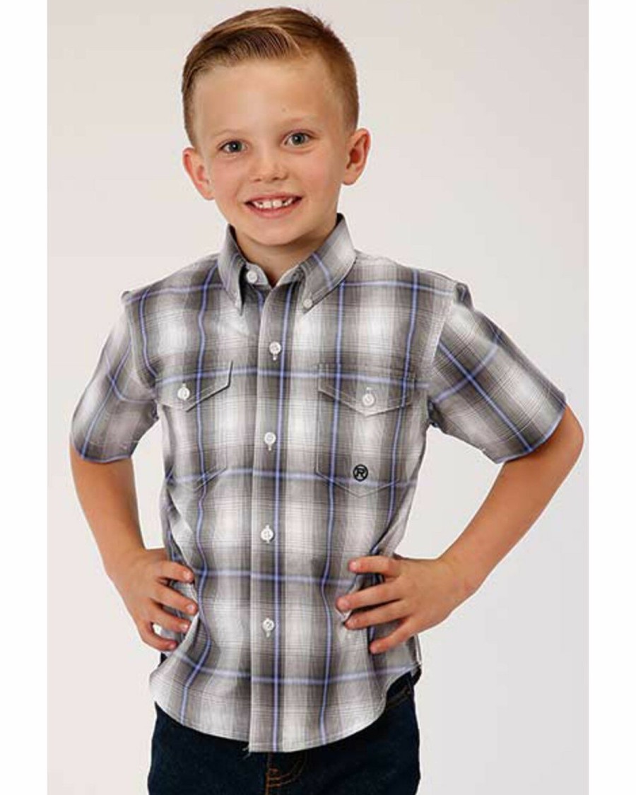 Western Shirt * | Amarillo Boys' Grey Shadow Plaid Short Sleeve Western Shirt Roper Limited Edition