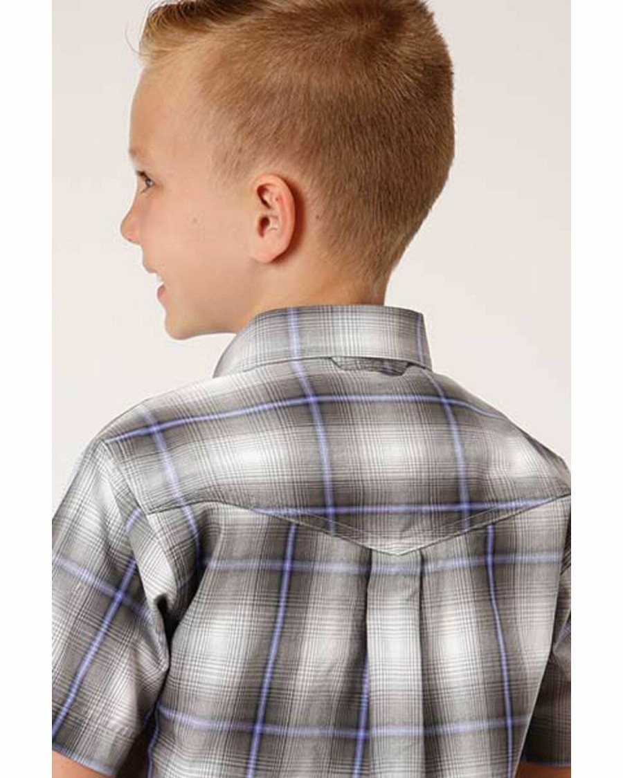 Western Shirt * | Amarillo Boys' Grey Shadow Plaid Short Sleeve Western Shirt Roper Limited Edition