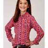 Clothing * | Roper Girls' Long Sleeve Pink Southwestern Print Snap Shirt Discount