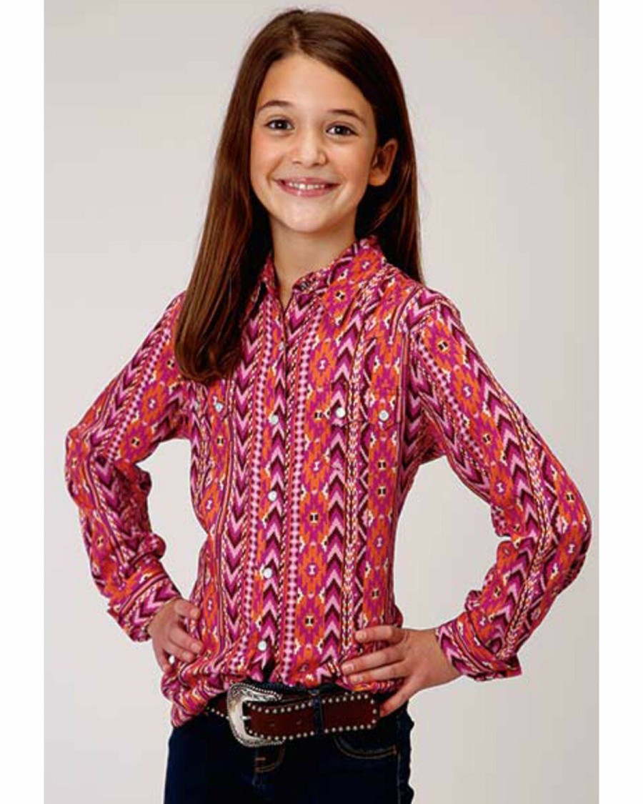 Clothing * | Roper Girls' Long Sleeve Pink Southwestern Print Snap Shirt Discount