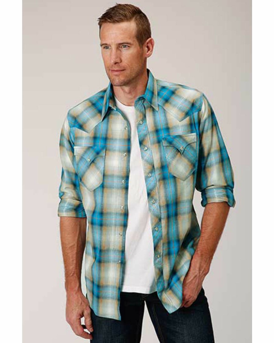 Western Shirt * | West Made Men'S Tide Pool Dobby Plaid Long Sleeve Western Shirt Roper Discount