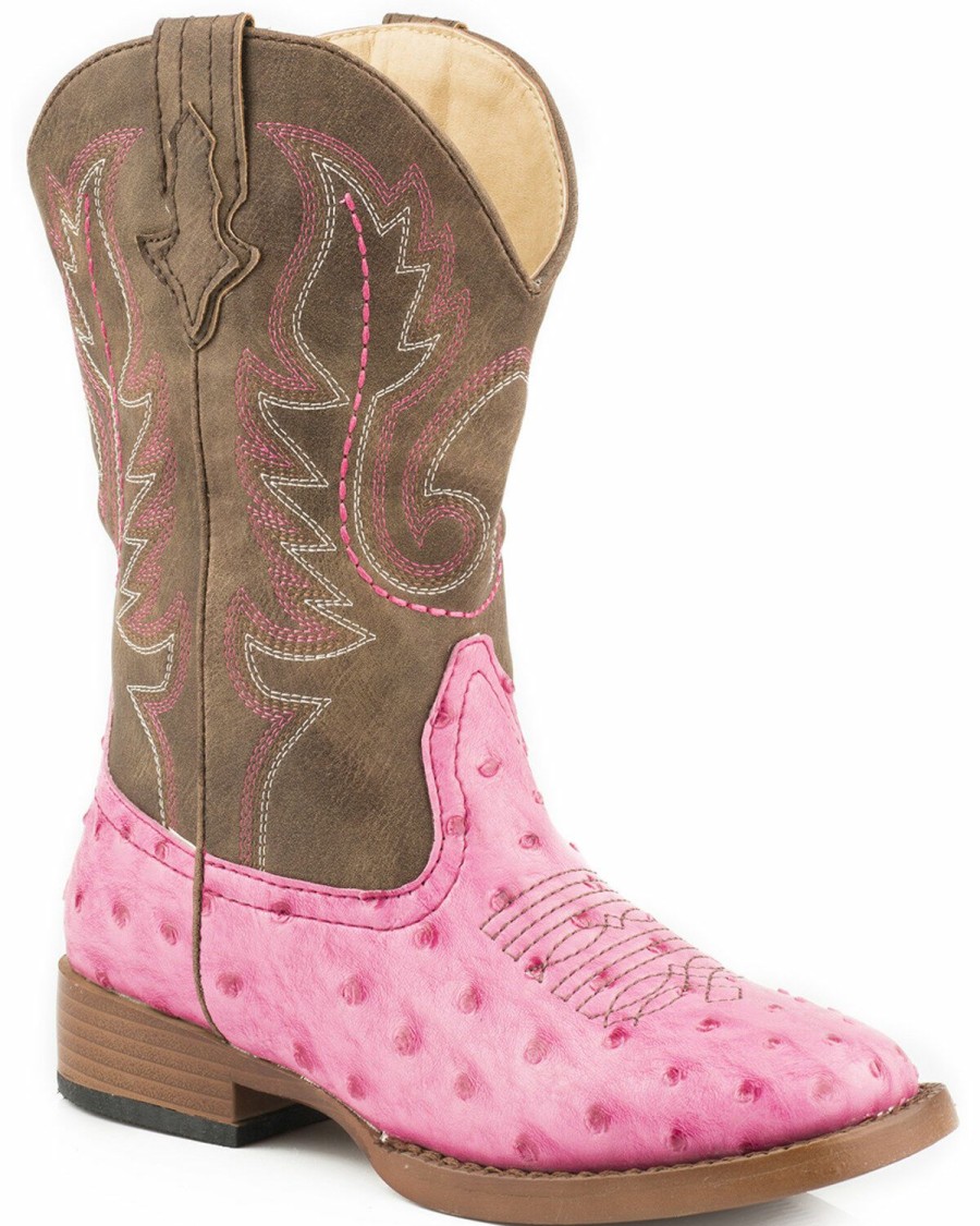 Boots * | Roper Youth Girls' Pink Faux Ostrich Print Cowgirl Boots Square Toe Limited Edition