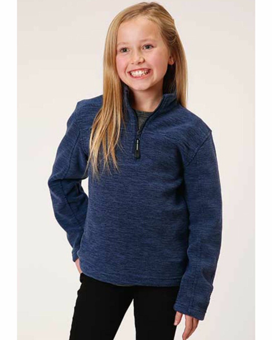 Clothing * | Roper Girls' Long Sleeve Melange Navy Blue Microfleece Pullover Discount