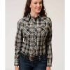 Clothing * | Roper Women'S Long Sleeve Black & Cream Plaid Snap Shirt Outlet