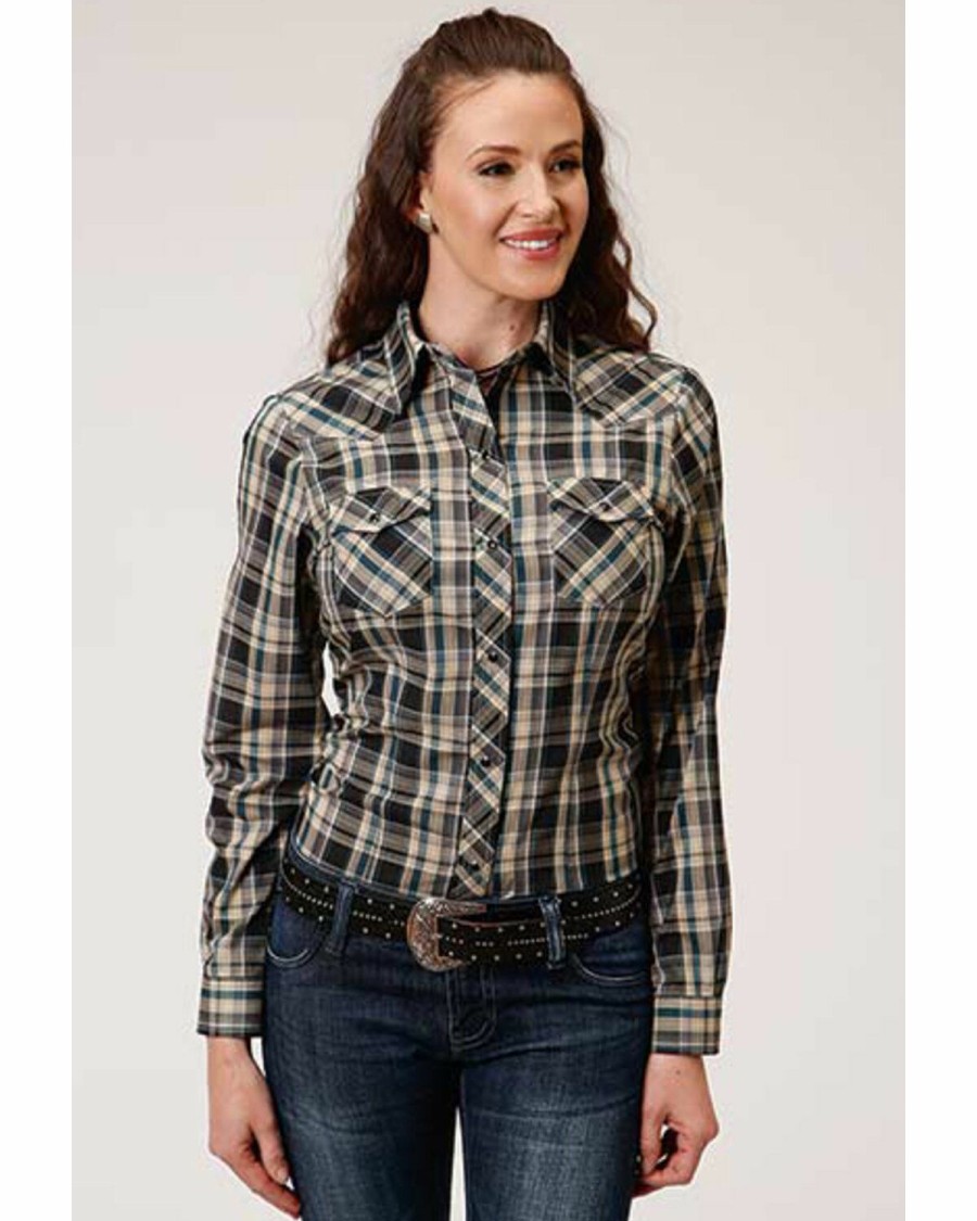 Clothing * | Roper Women'S Long Sleeve Black & Cream Plaid Snap Shirt Outlet