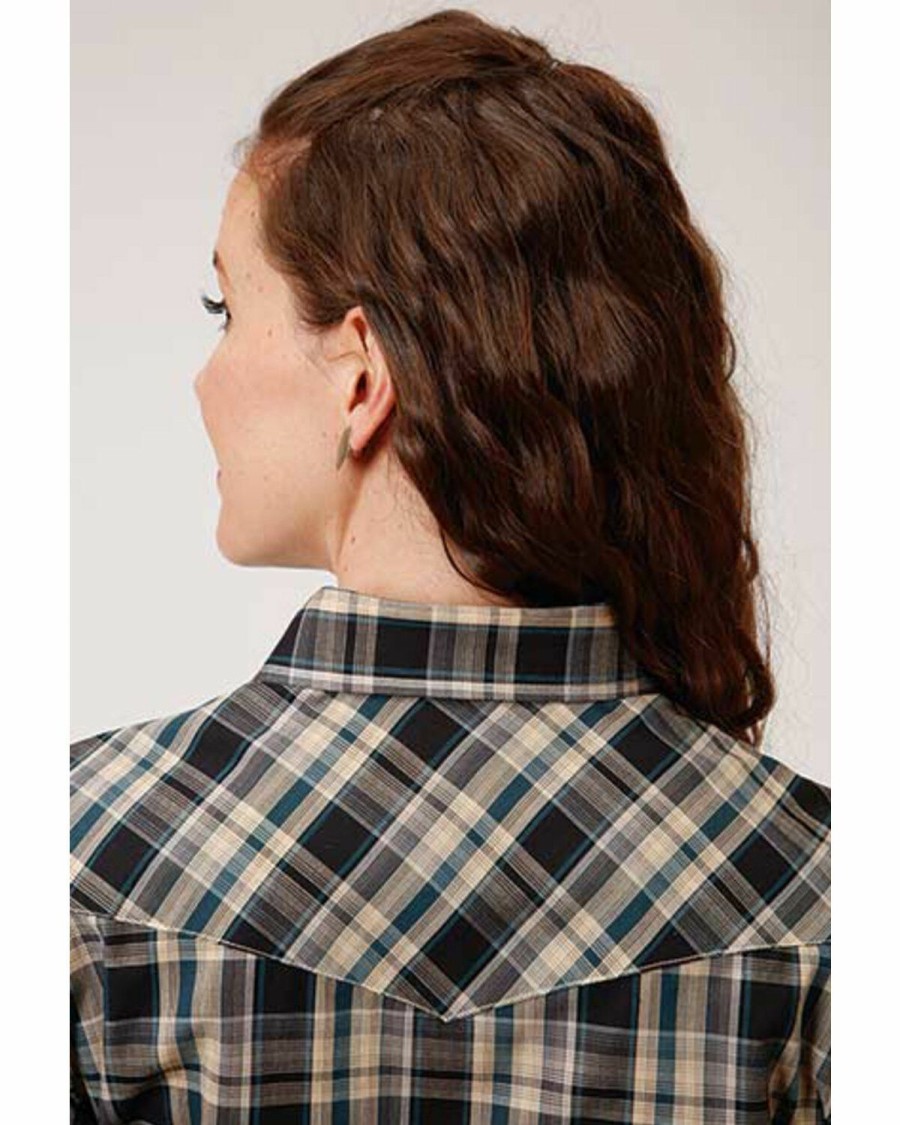 Clothing * | Roper Women'S Long Sleeve Black & Cream Plaid Snap Shirt Outlet