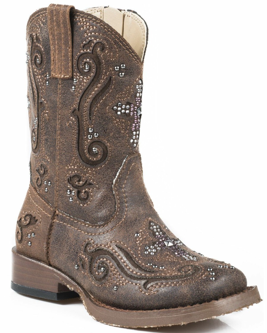 Boots * | Roper Toddler Girls' Pink Crystal Cross Inlay Cowgirl Boots Square Toe Limited Edition