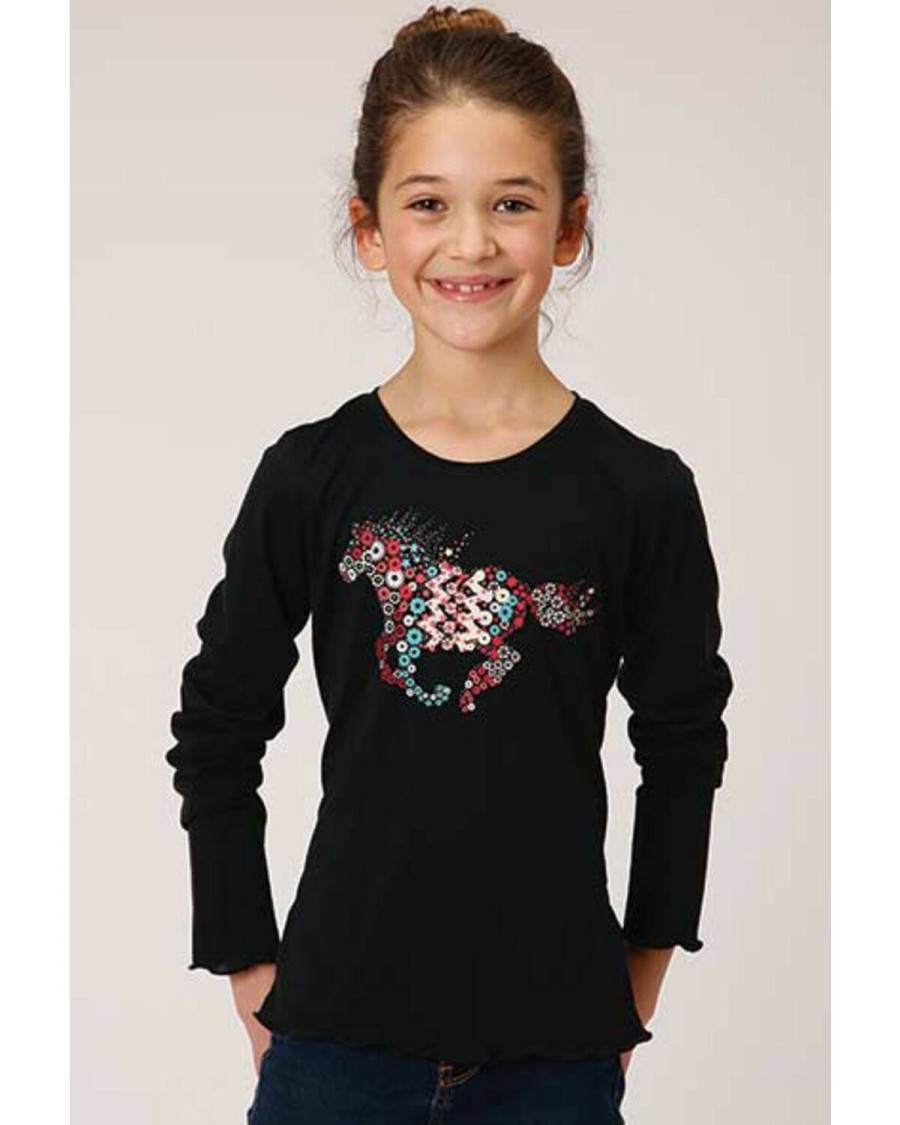 Clothing * | Roper Girls' Multicolored Horse Graphic Long Sleeve T-Shirt Black Online