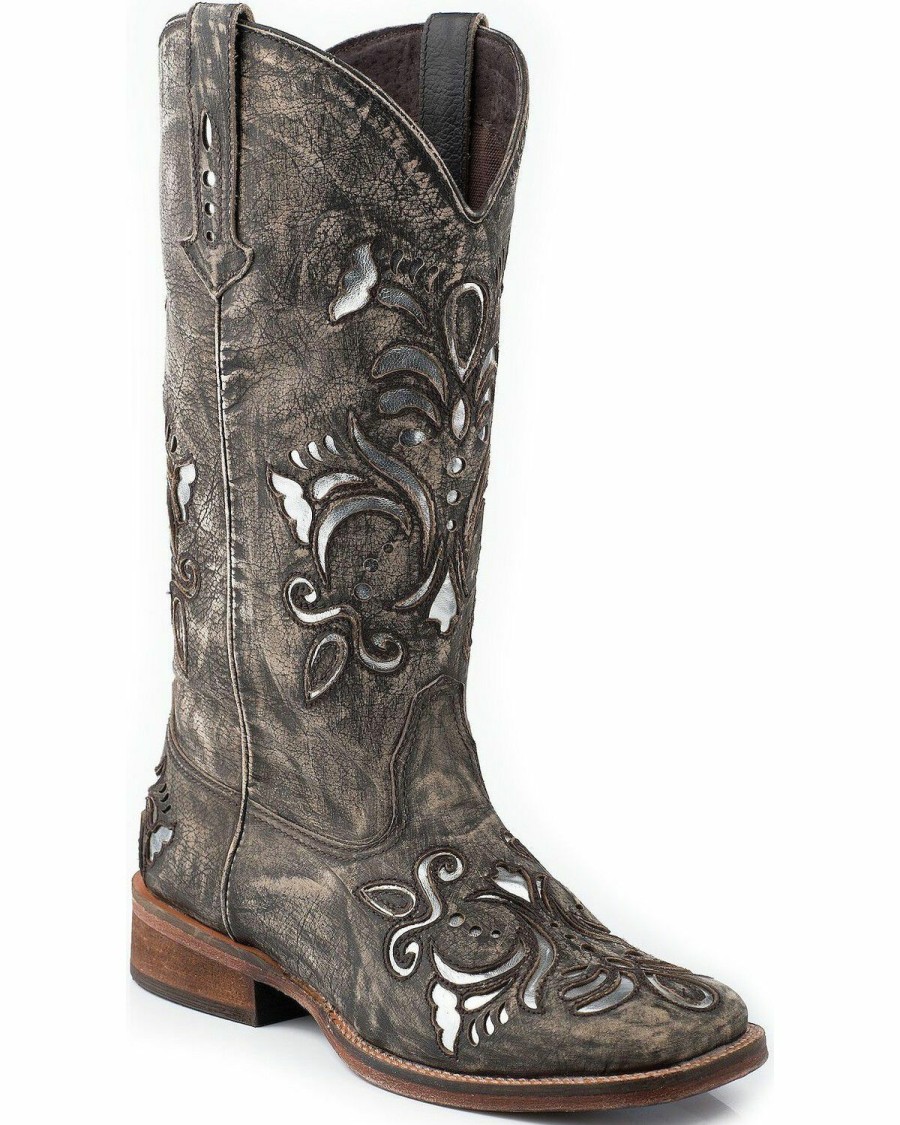 Boots * | Roper Fancy Silver Inlay Cowgirl Boots Square Toe Discount